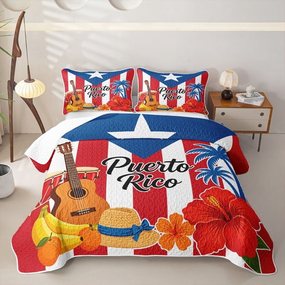 Manfei Classic Pr Flag Quilt King,Cartoon Guitar King Coverlet Set,Puerto Rico Decor,3 Pieces