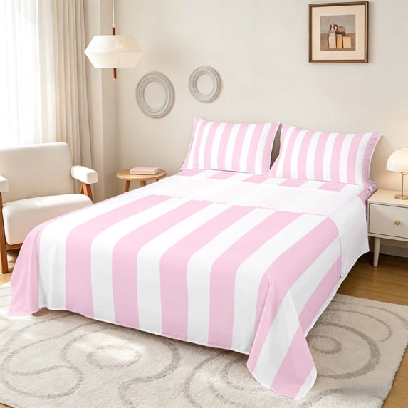 Manfei Classic Stripe Bed Sheets,Modern Geometric Fuul Size Sheets, Pink White, Pink Reversible 4 Pieces1 Flat Sheet + 1 Fitted Sheet + 2 Pillowcases