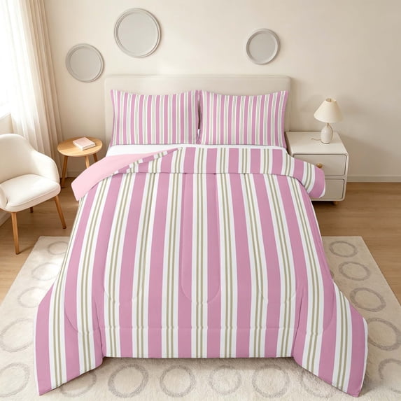 Manfei Classic Stripe Full Size Comforter Sets,Modern Geometric Bedding Comforter Set, Blush Pink White, Pink Reversible 3 Pieces, 1 Comforter and 2 Pillowcases