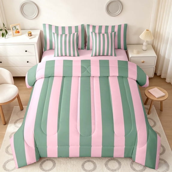 Manfei Classic Stripe Queen Bedding,Modern Geometric Bedding Comforter Set Queen, Green Pink, Pink Reversible 7pcs
