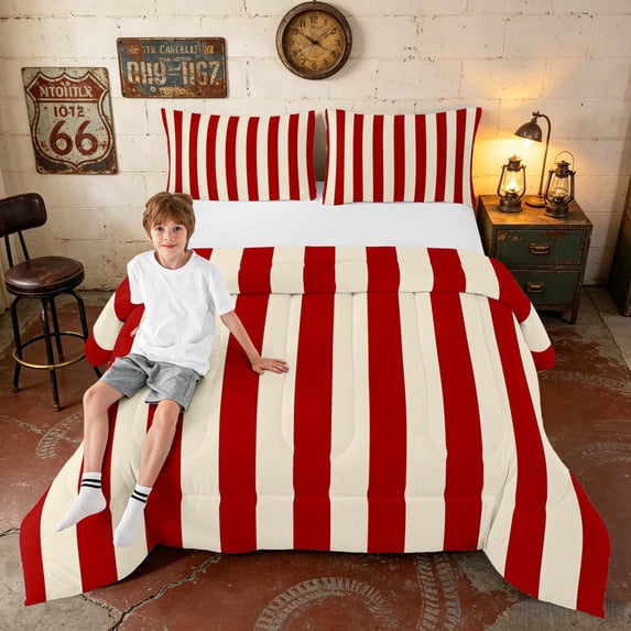 Manfei Classic Stripe Queen Comforter Set, Red Beige Comforter Sets Queen, Red Cream, Reversible 3-Piece, 1 Comforter and 2 Pillowcases