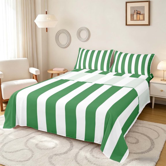 Manfei Classic Stripe Queen Sheets,Modern Geometric Queen Sheet Sets, Green White, Reversible 4-Piece1 Flat Sheet + 1 Fitted Sheet + 2 Pillowcases