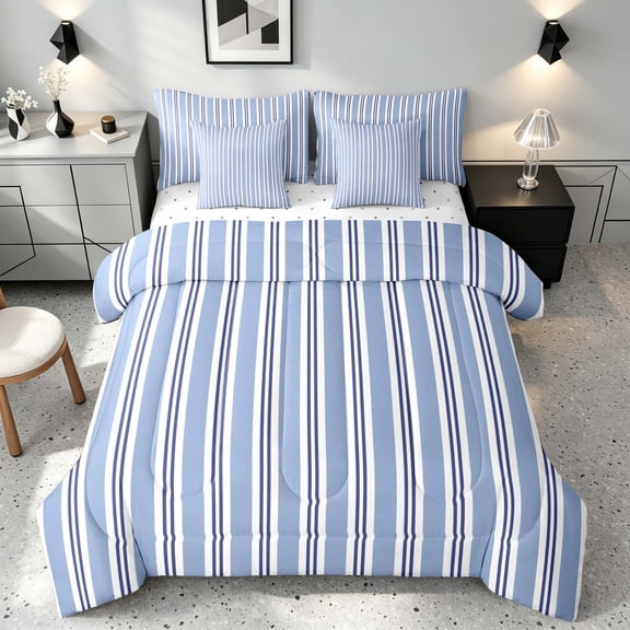 Manfei Classic Stripe Twin Bedding,Modern Geometric Bedding Comforter Set, Light Blue White, Reversible 7 Pieces
