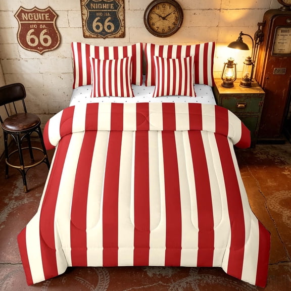 Manfei Classic Stripe Twin Bedding, Red Beige Bedding Comforter Set, Red Cream, Reversible 7pcs