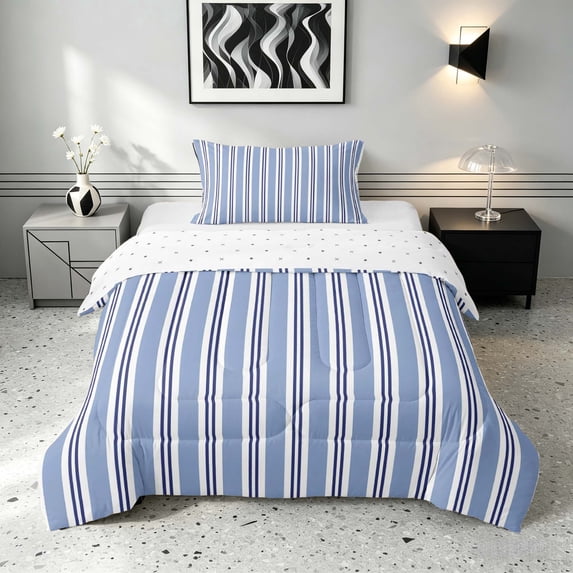 Manfei Classic Stripe Twin Comforter Sets,Modern Geometric Bedding Set, Light Blue White, Reversible 2pcs, 1 Comforter and 1 Pillowcase