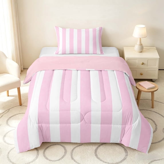 Manfei Classic Stripe Twin Comforter Sets,Modern Geometric Bedding Set, Pink White, Pink Reversible 2 Pieces, 1 Comforter and 1 Pillowcase