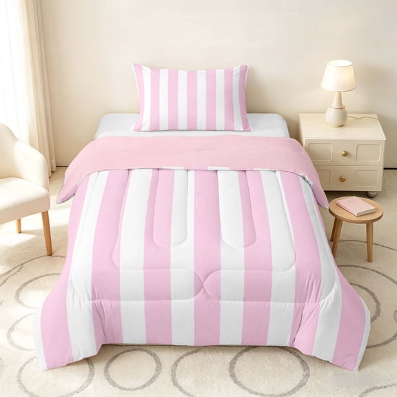 Manfei Classic Stripe Twin Comforter Sets,Modern Geometric Bedding Set, Pink White, Pink Reversible 2 Pieces, 1 Comforter and 1 Pillowcase