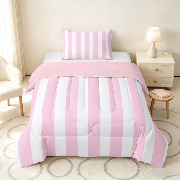 Manfei Classic Stripe Twin Comforter Sets,Modern Geometric Bedding Set, Pink White, Pink Reversible 2 Pieces, 1 Comforter and 1 Pillowcase