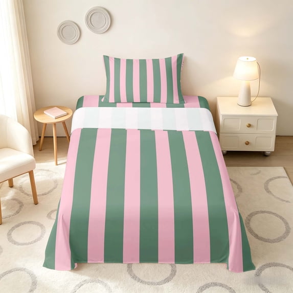 Manfei Classic Stripe Twin Sheets,Modern Geometric Bedding, Green Pink, Pink Reversible 3-Piece1 Flat Sheet + 1 Fitted Sheet + 1 Pillowcase