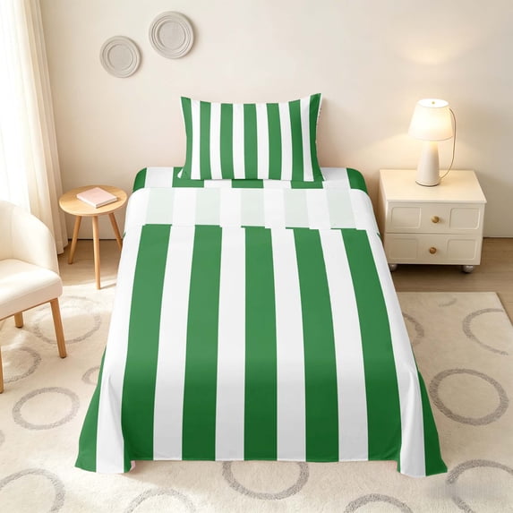Manfei Classic Stripe Twin Sheets,Modern Geometric Bedding, Green White, Reversible 3-Piece1 Flat Sheet + 1 Fitted Sheet + 1 Pillowcase