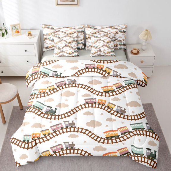 Manfei Classic Train 7-Piece Twin Bedding,Brown Railroads Tracks Bedding Comforter Set,Light Gray Reversible