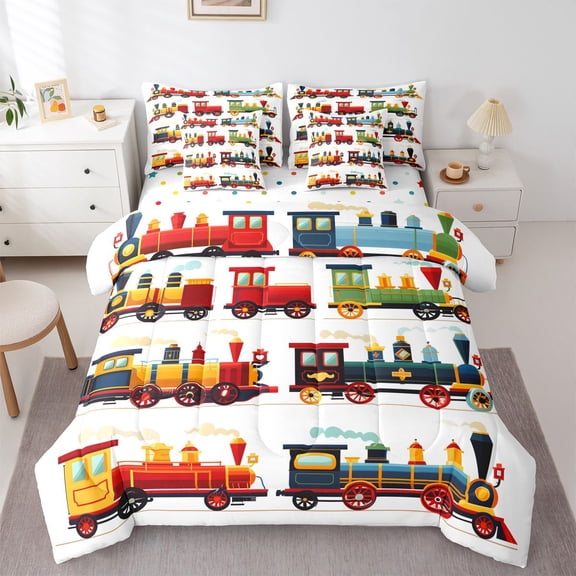 Manfei Classic Train 7-Piece Twin Bedding,Cartoon Toy Print Bedding Comforter Set,White,Polkadot Reversible