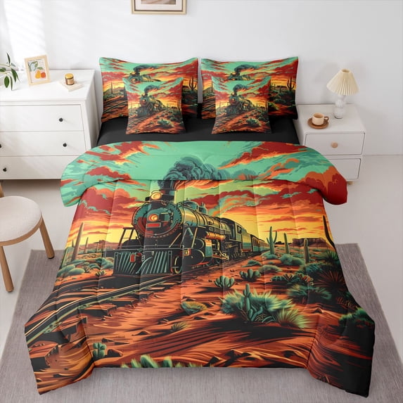Manfei Classic Train 7pcs Queen Bedding,Sunset Sky Bedding Comforter Set Queen,Brown,Black Reversible