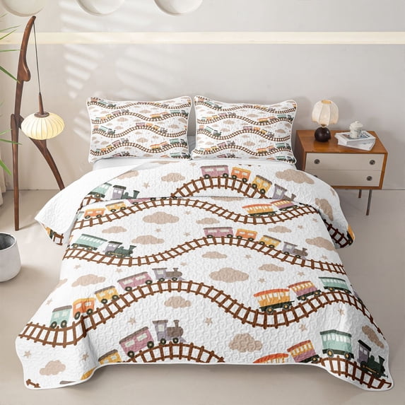 Manfei Classic Train Bed Spread Queen,Brown Railroads Tracks Queen Coverlet Set,3 Pieces