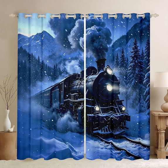 Manfei Classic Train Blackout Curtains Set of 2 (52x84 Each),Snowy Mountain Curtain,Blue