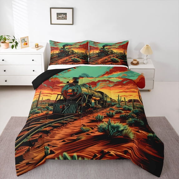 Manfei Classic Train Full Size Comforter Sets,Sunset Sky Bedding Comforter Set,Brown,Black Reversible,3pcs,1 Comforter and 2 Pillowcases