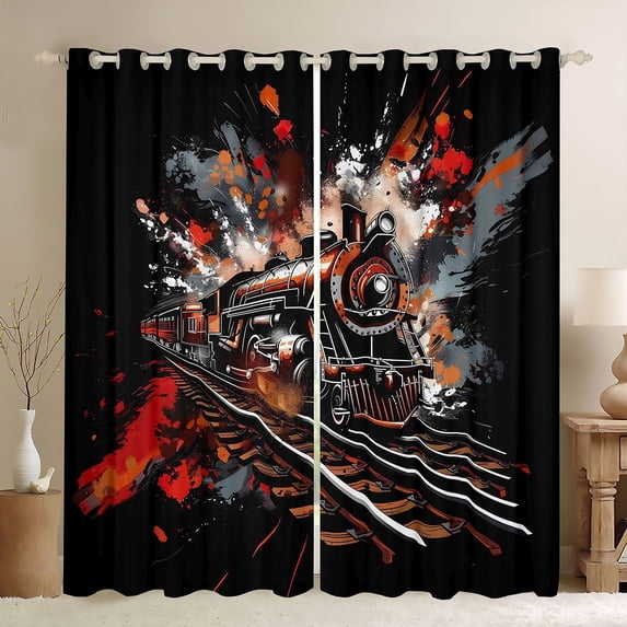 Manfei Classic Train Kitchen Curtains,Retro Boys Art Black Out Curtains Pack of 2 (42x63 Each),Black