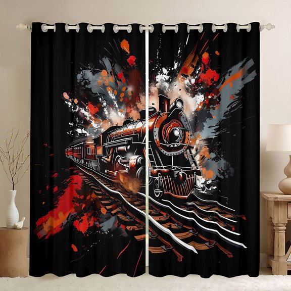Manfei Classic Train Kitchen Curtains,Retro Boys Art Black Out Curtains Pack of 2 (42x63 Each),Black