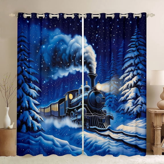 Manfei Classic Train Kitchen Curtains,Snowy Pine Trees Black Out Curtains Pack of 2 (42x63 Each),White Blue