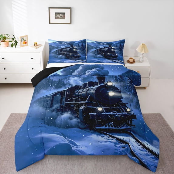 Manfei Classic Train Queen Comforter Set,Snowy Mountain Comforter Sets Queen,Blue,Black Reversible,3-Piece,1 Comforter and 2 Pillowcases