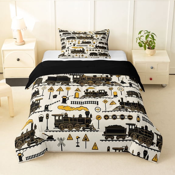 Manfei Classic Train Twin Comforter Sets,Cartoon Car Print Bedding Set,Brown,Black Reversible,2 Pieces,1 Comforter and 1 Pillowcase