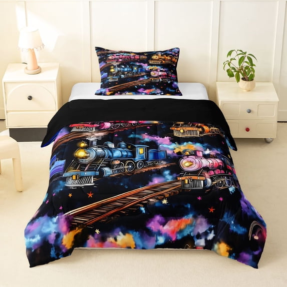 Manfei Classic Train Twin Comforter Sets,Dreamy Railway Pattern Bedding Set,Black Reversible,2pcs,1 Comforter and 1 Pillowcase
