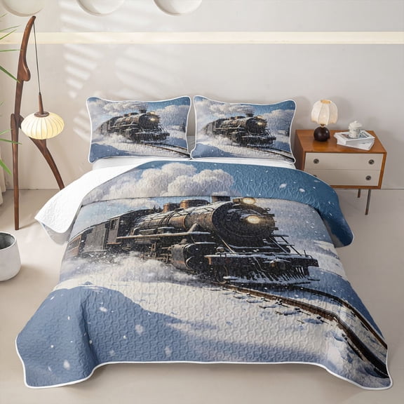 Manfei Classic Train Twin Quilt Set,Snowy Railway Twin Coverlet Set,White,2pcs