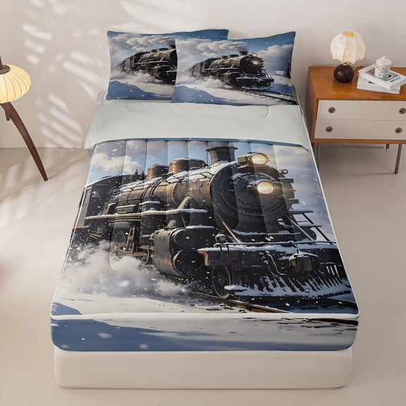 Manfei Classic Train Zipper Twin Comforter Sets with Fitted Sheet and 2 Pillowcases,Snowy Railway Zipper Bedding Set,White,Light Gray Reversible,4pcs