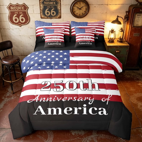 Manfei Classic US Flag Twin Bedding, 250th Anniversary of America Print Bedding Comforter Set, Red White Blue, Black Reversible 7 Pieces