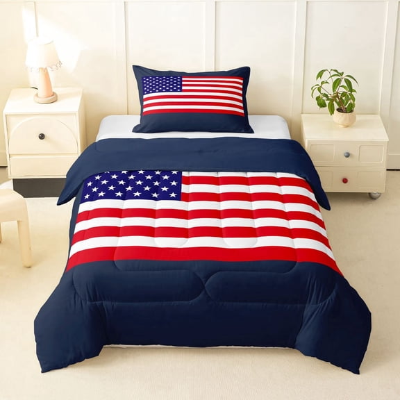 Manfei Classic Usa Flag Twin Comforter Sets,Stars Stripe Bedding Set,White Navy,Navy Blue Reversible,2pcs,1 Comforter and 1 Pillowcase