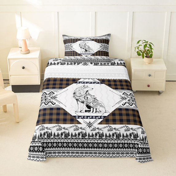 Manfei Classic Wolf Patch Twin Sheets,Brown Check Pine Bedding,3pcs,1 Fitted Sheet and 1 Pillowcase