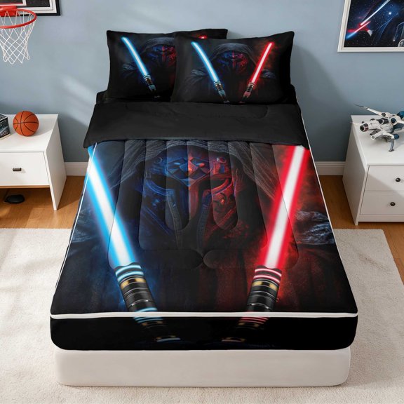 Manfei Cloaked Ninja Warrior Zipper Twin Comforter Sets with Fitted Sheet and 2 Pillowcases, Crossed Crimson Sword Zipper Bedding Set, Black Reversible