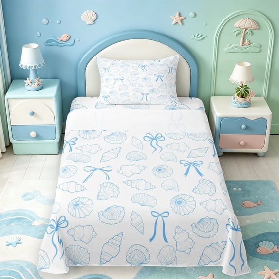 Manfei Coastal Bow Twin Sheets,Seashell Line Bedding,3 Pieces,1 Flat Sheet,1 Fitted Sheet and 1 Pillowcase