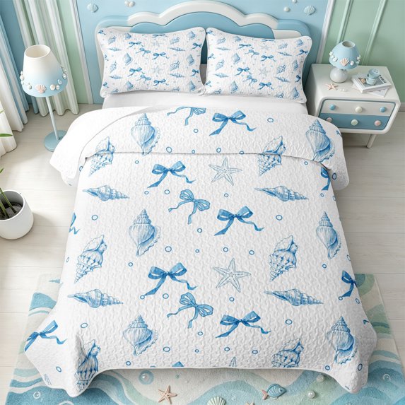 Manfei Coastal Bowtie Bed Spread Queen,Ocean Conch Starfish Queen Coverlet Set,3-Piece,1 Quilt and 2 Pillowcases