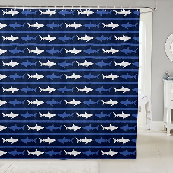 Manfei Coastal Shark Shower Curtain 72Wx72L, Simple Horizontal Stripe Bathroom Curtain, Navy White