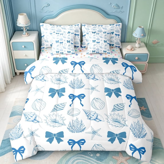 Manfei Coastal Shell Bow 7-Piece King Bedding,Ocean Animal Starfish King Bed in a Bag,Colorful Stars Reversible