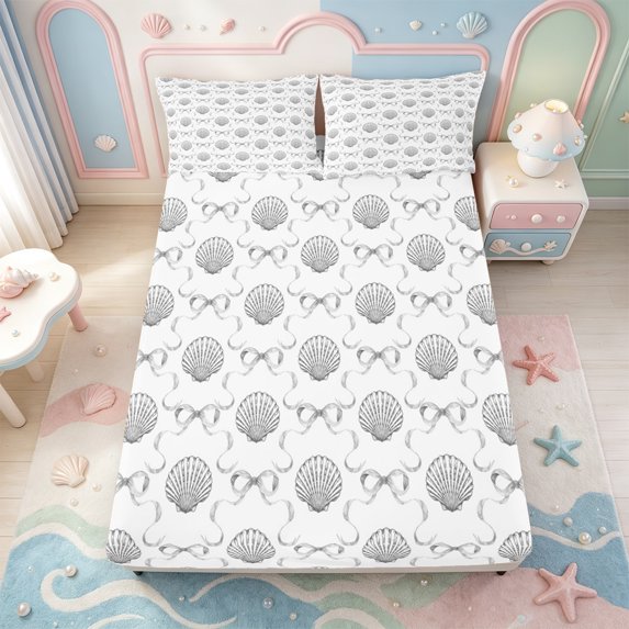 Manfei Coastal Style Ocean Shell Fitted Sheet Queen,Cartoon Princess Bowknot Bedding,3pcs,1 Fitted Sheet and 2 Pillowcases
