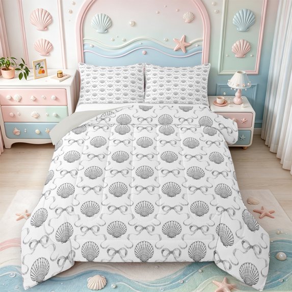 Manfei Coastal Style Ocean Shell King Size Comforter Sets,Cartoon Princess Bowknot Comforters King Size,Light Gray Reversible,3-Piece,1 Comforter and 2 Pillowcases