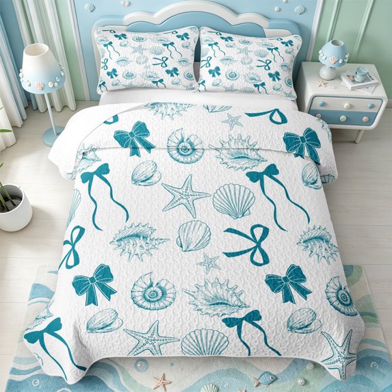 Manfei Coastal Teal Bowknot Quilt Full,Spiral Shell Full Bedspread Sets,3-Piece,1 Coverlet and 2 Pillowcases