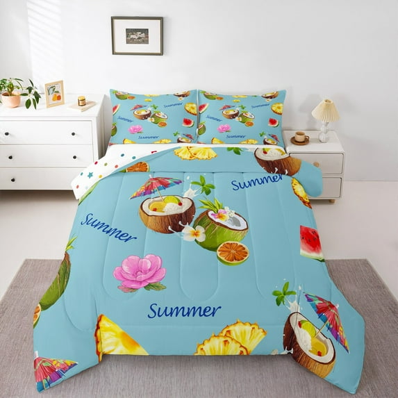 Manfei Coconut Pineapple 2pcs Bedding Comforter Set,Hawaii Summer Twin Comforter Sets,Tropical Flowers Bedding Set,Super Cozy Ocean Room Decor,Reversible