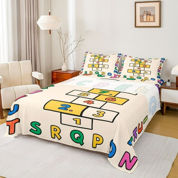 Manfei Colorful Abc Alphabet Twin Sheet Sets,26 Letters Twin Fitted Sheet,Number Game Flat Sheet For Girls Boys,Super Cozy Room Decor,3pcs