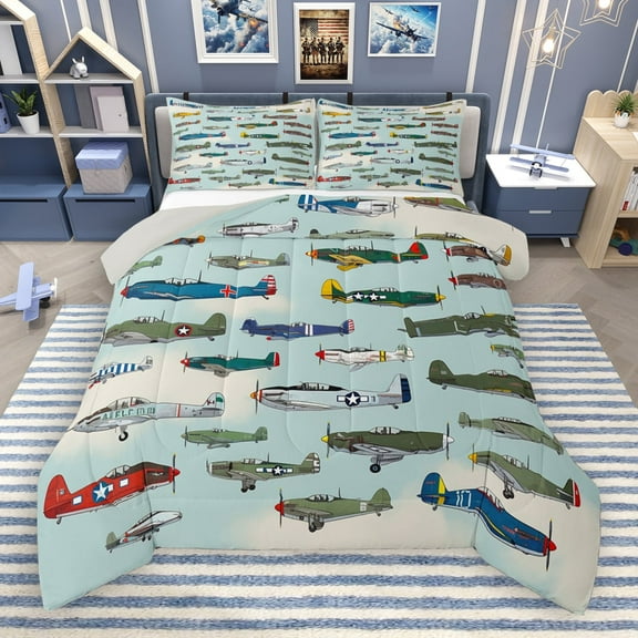 Manfei Colorful Airplane Bedding Comforter Set,Aircraft Theme Twin Comforter Sets,Green Blue Bedding Set For Boys Kids,Super Cozy Room Decor Reversible,2 Pieces
