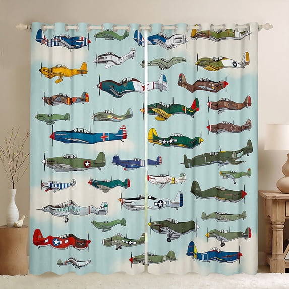 Manfei Colorful Airplane Black Out Curtains,Aircraft Theme Curtains Pack of 2 (42x63 Each),Green Blue Bedroom Curtains For Boys Kids,Super Cozy Room Decor