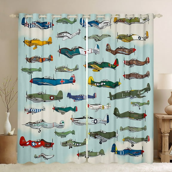 Manfei Colorful Airplane Black Out Curtains,Aircraft Theme Curtains Pack of 2 (42x63 Each),Green Blue Bedroom Curtains For Boys Kids,Super Cozy Room Decor