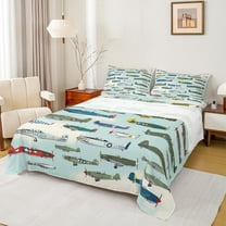 Manfei Colorful Airplane Twin Sheet Sets,Aircraft Theme Twin Fitted Sheet,Green Blue Flat Sheet For Boys Kids,Super Cozy Room Decor,3 Pieces