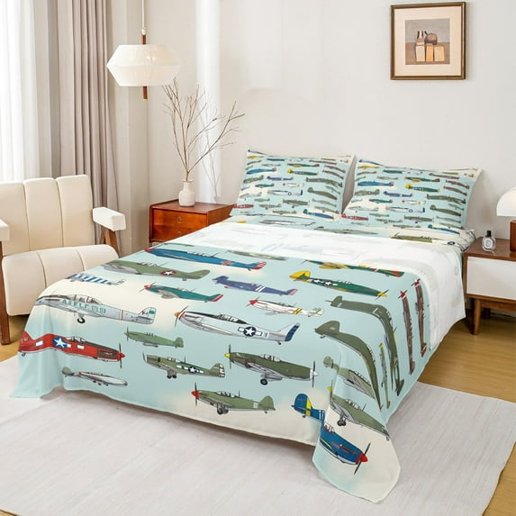 Manfei Colorful Airplane Twin Sheet Sets,Aircraft Theme Twin Fitted Sheet,Green Blue Flat Sheet For Boys Kids,Super Cozy Room Decor,3 Pieces