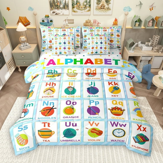 Manfei Colorful Alphabet 7-Piece Twin Bedding Sets,Kids Learning Bedding Comforter Set,Multicolor 26 Letters Sheet Sets For Girls Kids,Breathable Home Decor Reversible