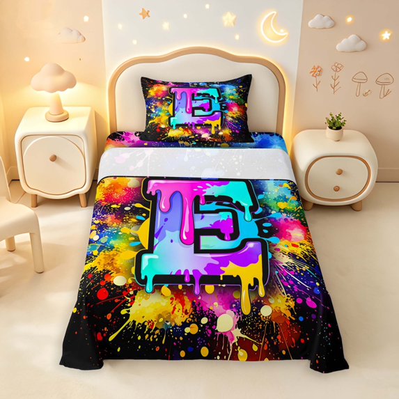 Manfei Colorful Alphabet E Twin Sheets,Paint Drip Bedding,Black,3 Pieces,1 Flat Sheet,1 Fitted Sheet and 1 Pillowcase