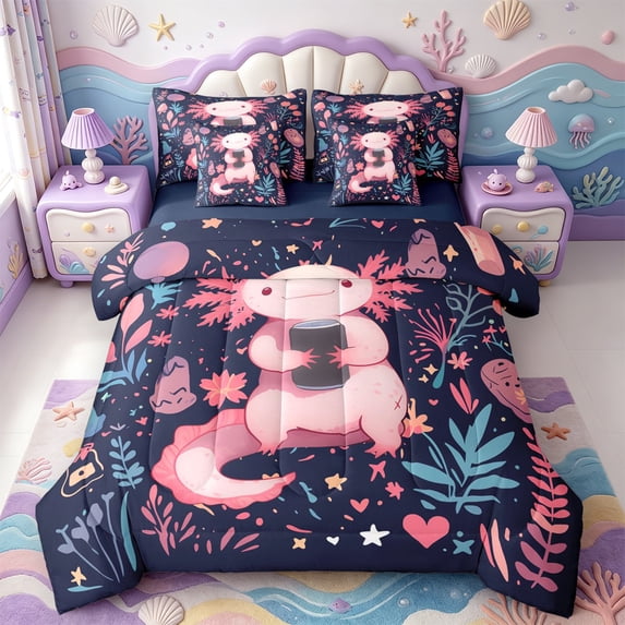 Manfei Colorful Axolotl 7-Piece King Bedding,Kawaii Salamander King Bed in a Bag,Navy Blue Reversible