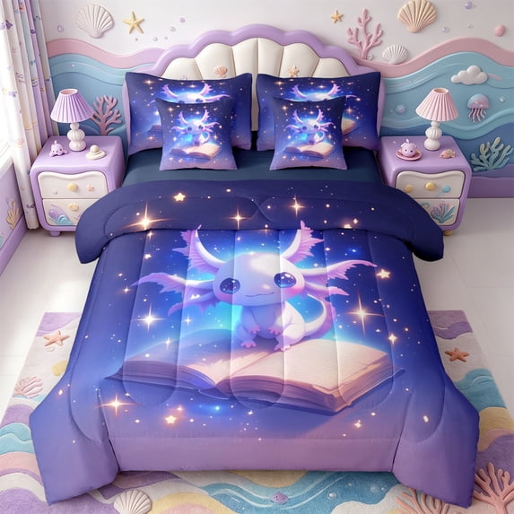 Manfei Colorful Axolotl 7-Piece Twin Bedding,Cute Amphibian Bedding Comforter Set,Navy Blue Reversible